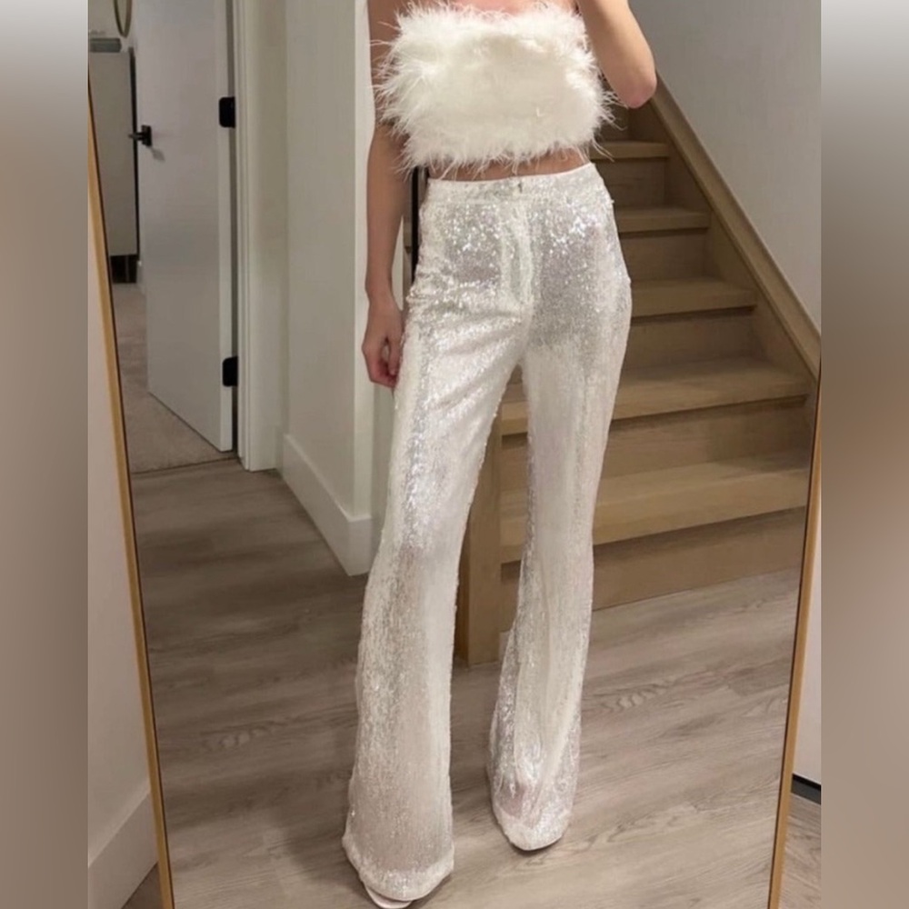 12th Tribe White Sequin Wide Leg Trousers